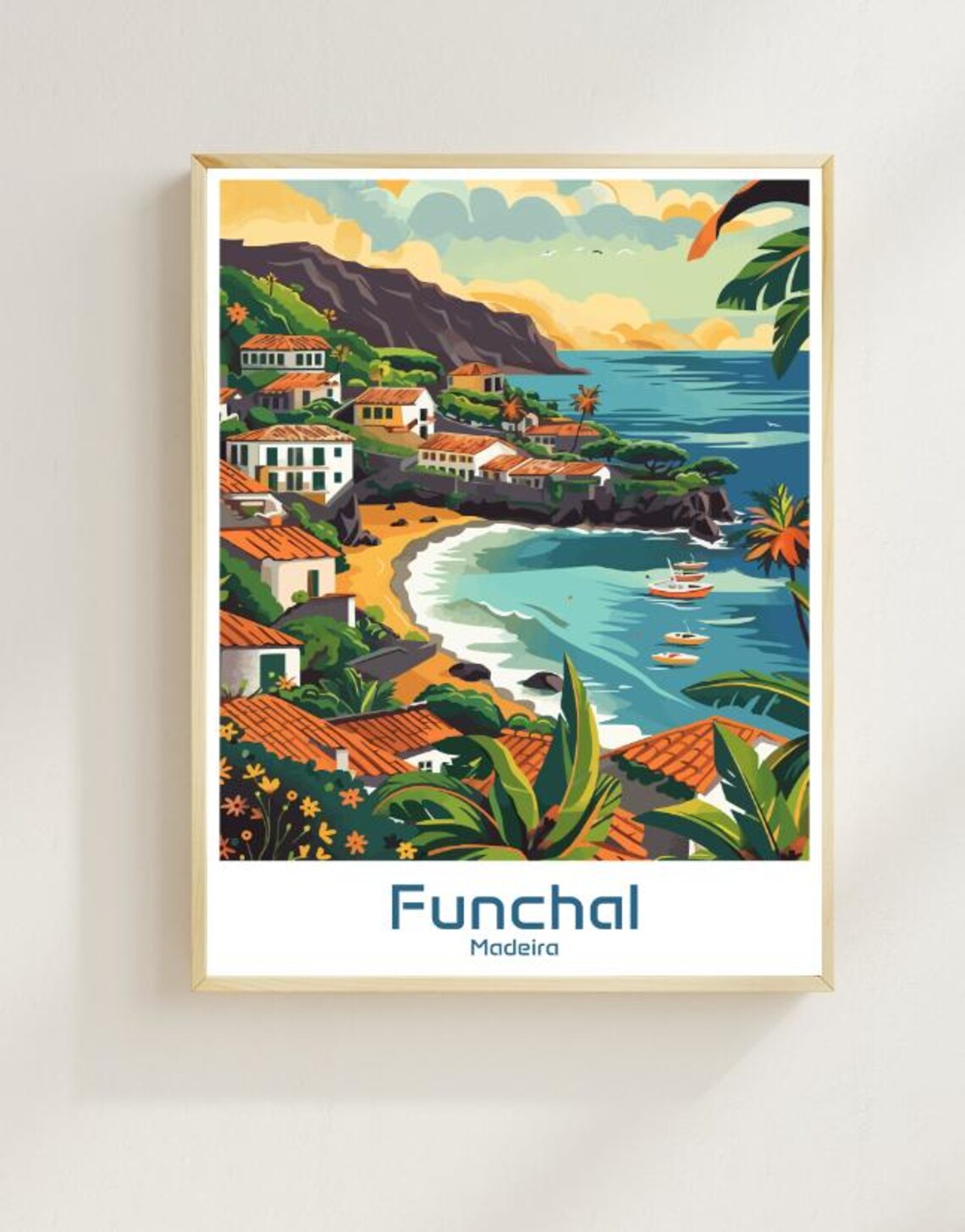 Funchal Madeira Portugal Coastal Village Illustrated Travel Poster