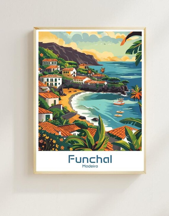 Funchal Madeira Portugal Coastal Village Illustrated Travel Poster
