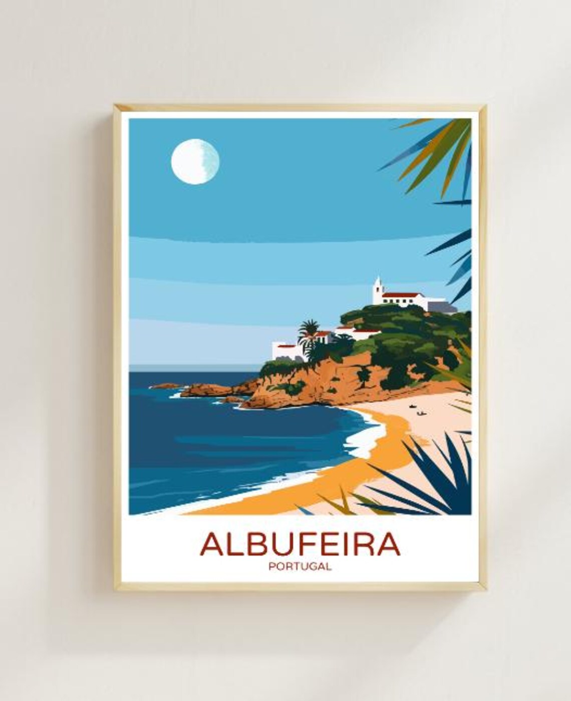 Albufeira Portugal Coastal Cliffs Church Beach Vintage Poster