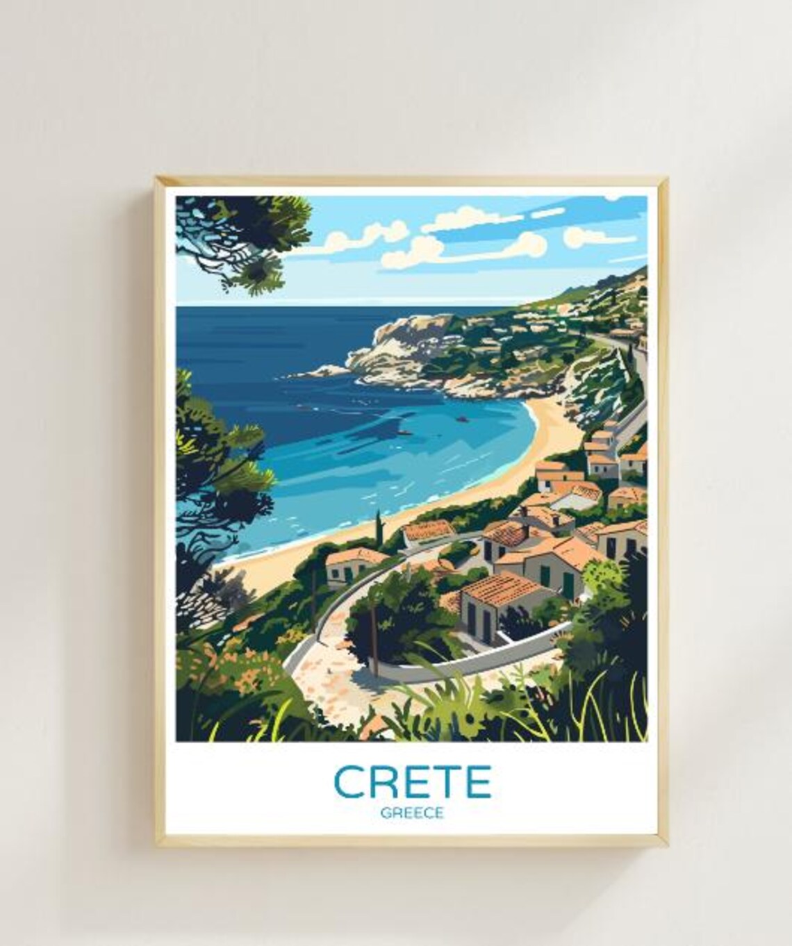 Crete Greece Travel Poster With Coastal Village And Beach Bay Scene