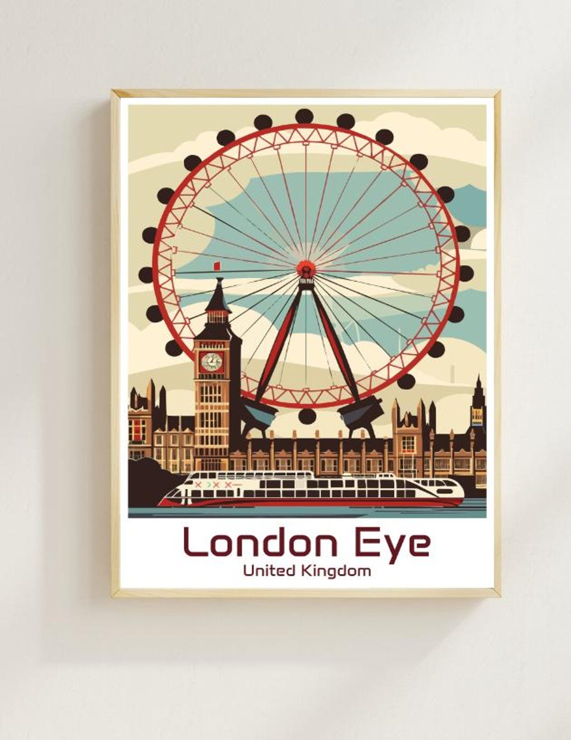 London Eye Retro Ferris Wheel Big Ben Thames River London Poster