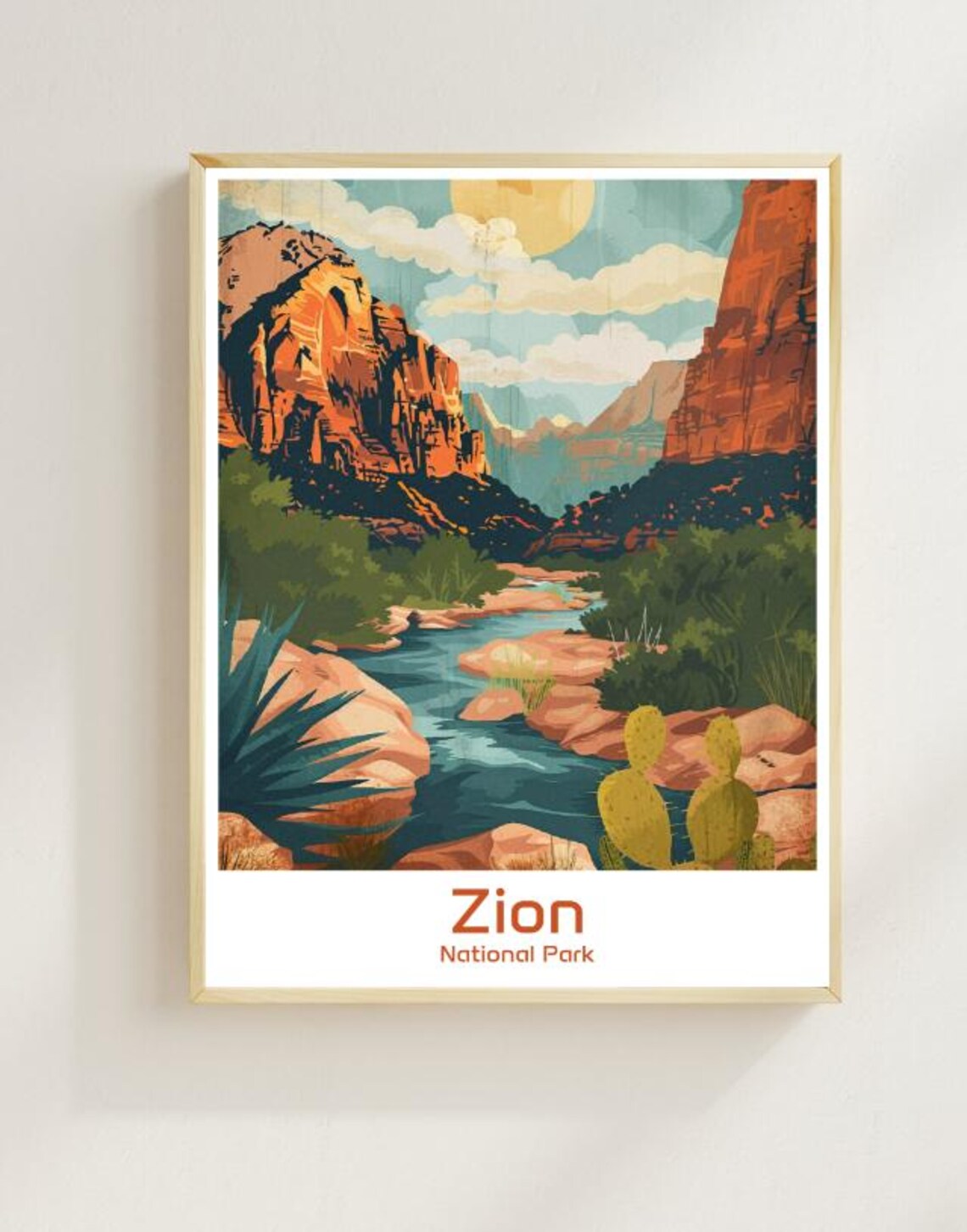 Zion National Park Red Rock Canyon River Cactus Travel Poster