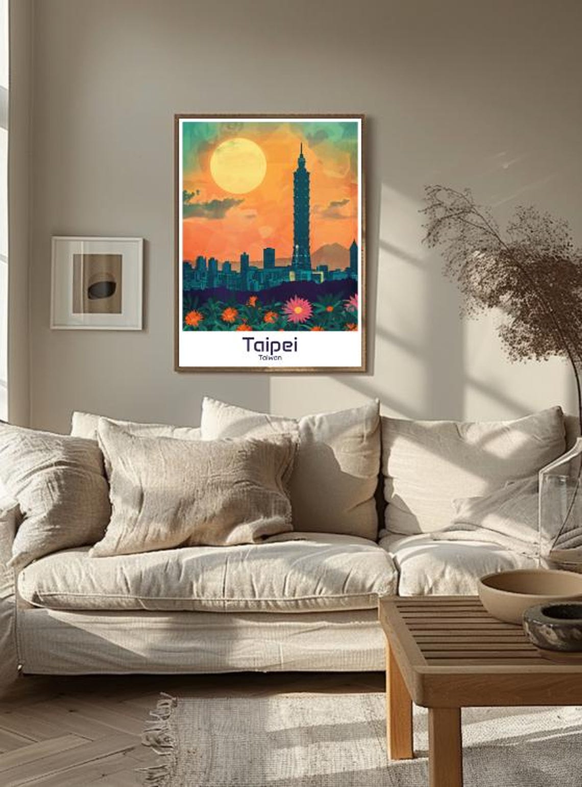 Taipei 101 Sunset Skyline Blooming Flowers Taiwan Travel Poster - Image 3