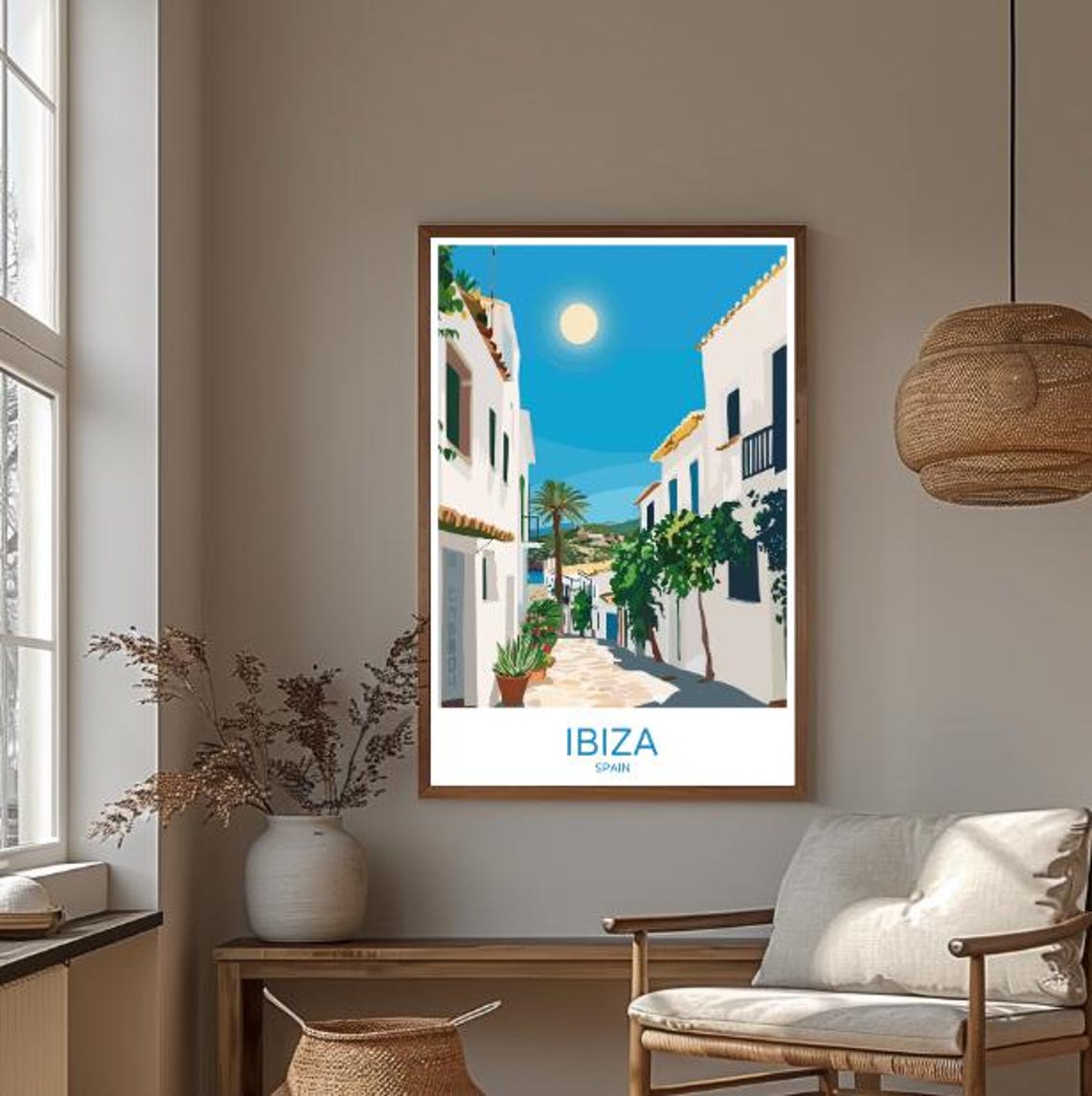 Ibiza Spain Sunlit Whitewashed Village Street Under Blue Sky Poster - Image 3
