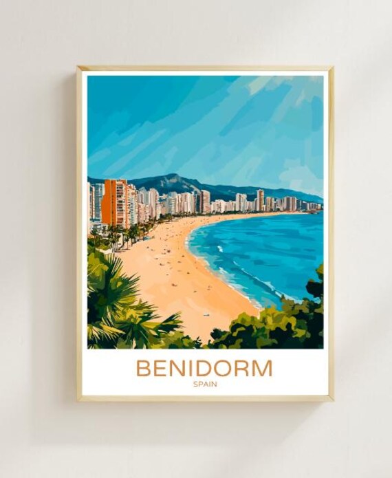 Benidorm Spain Sunny Beach Skyline Mediterranean Coast Travel Poster