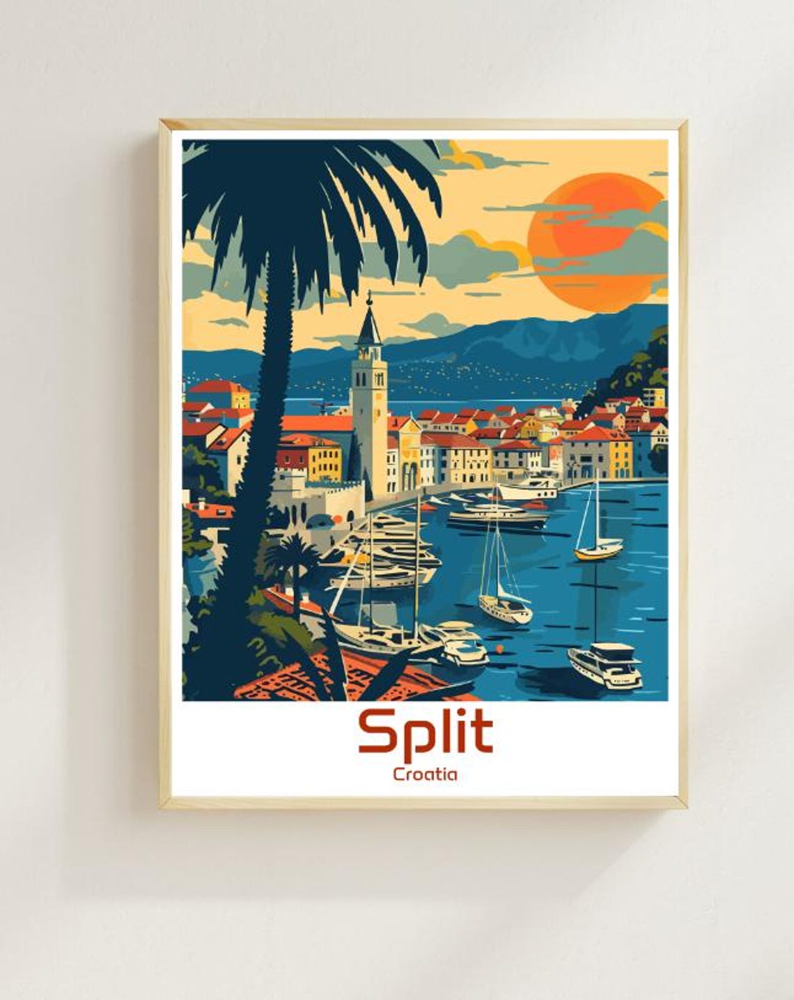 Split Croatia Harbor Sunset Sailboats Palm Bell Tower Travel Poster