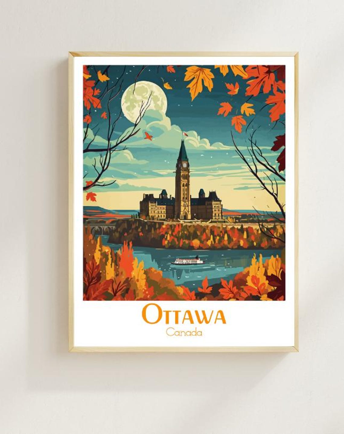 Ottawa Parliament Hill in Autumn Under a Full Moonlight Poster