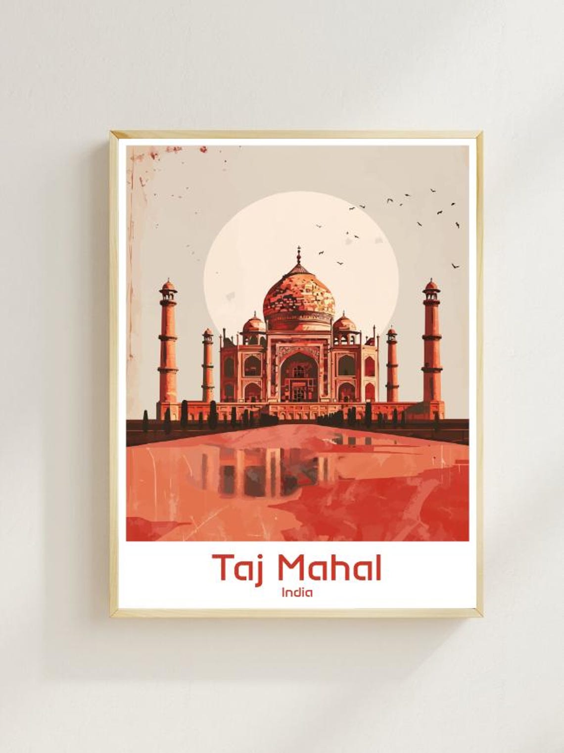 Taj Mahal India Marble Mausoleum Reflection Sunset Vintage Poster