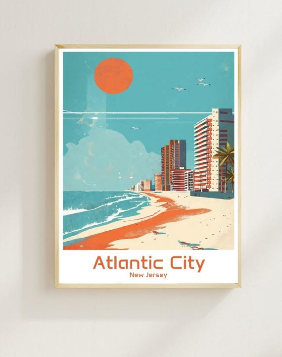 Atlantic City New Jersey Travel Poster Boardwalk Wall Art Oceanfront Skyline Print Vintage Seaside Decor East Coast Travel Artwork