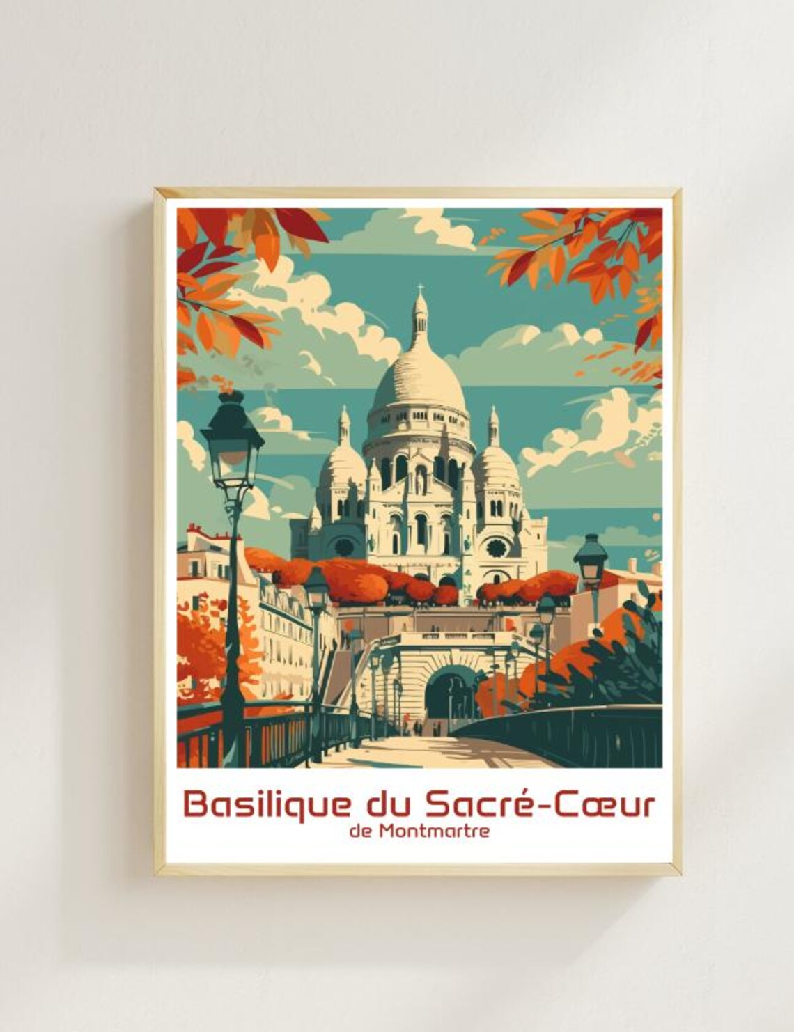 Sacre Coeur Montmartre Paris Autumn Leaves Vintage Travel Poster