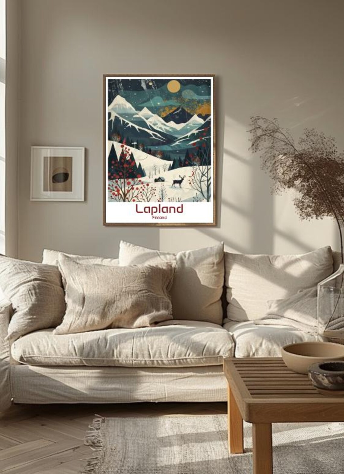 Lapland Finland Snowy Mountains with Reindeer under a Starry Night Poster - Image 3