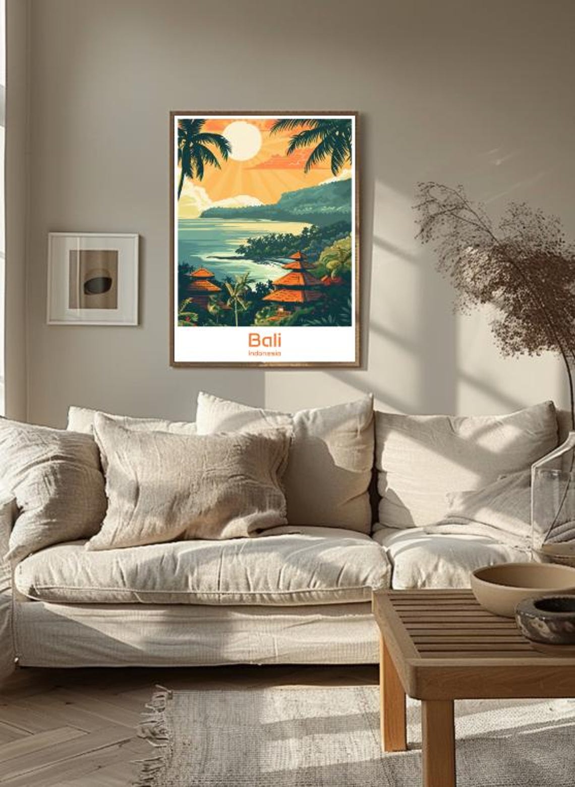 Bali Indonesia Tropical Sunset Palm Trees Temple View Poster - Image 3