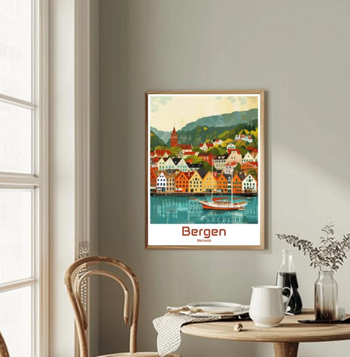 Bergen Norway Colorful Bryggen Harbor Retro Illustration Poster - Image 2