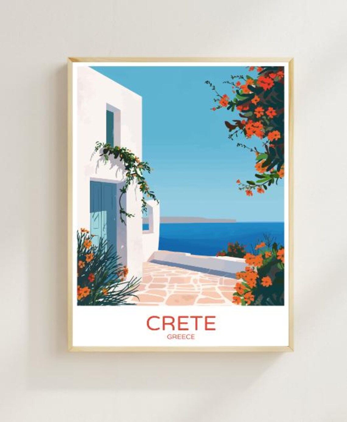 Crete Greece Whitewashed House Blue Door And Sea View Travel Poster