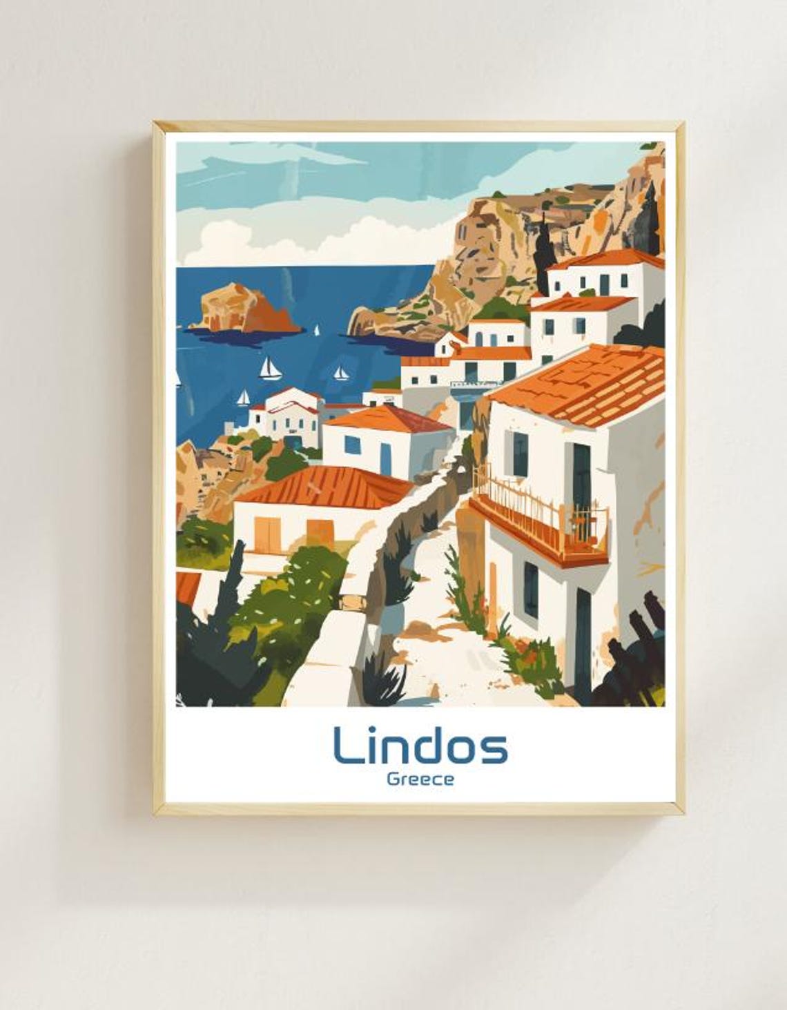 Lindos Greece Rhodes Cliffside Island Scenic Village Travel Poster