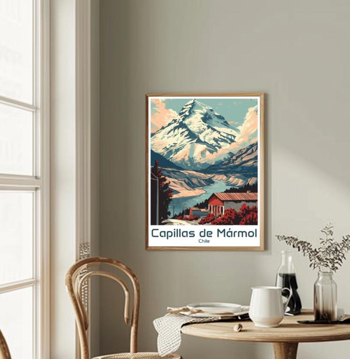 Capillas de Marmol Chile Snowy Peak Lakeside Cabins Scene Poster - Image 2