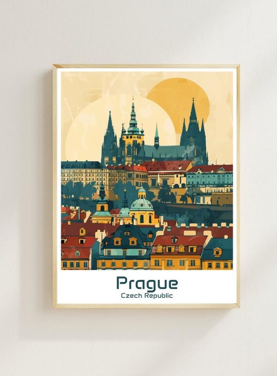 Prague Czech Republic Vintage Travel Poster Retro Cityscape Illustration