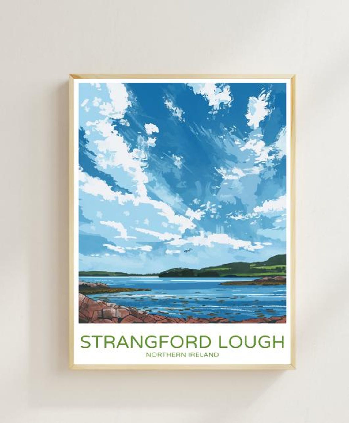 Strangford Lough Ireland Travel Poster With Rocky Shore And Clouds