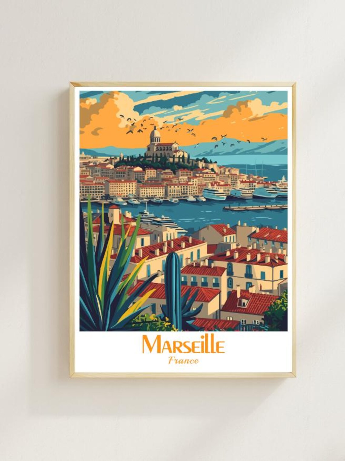 Marseille France Harbor Old Port Basilica Sunset Travel Poster