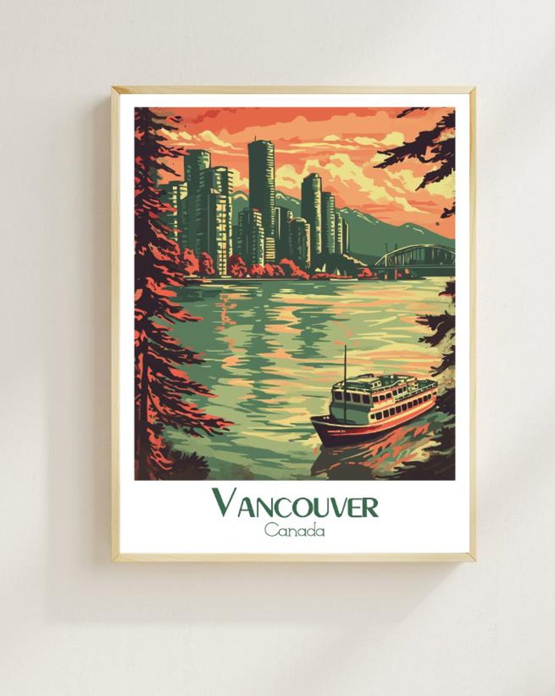 Vancouver Waterfront Skyline Glowing at Sunset with a Ferry Poster