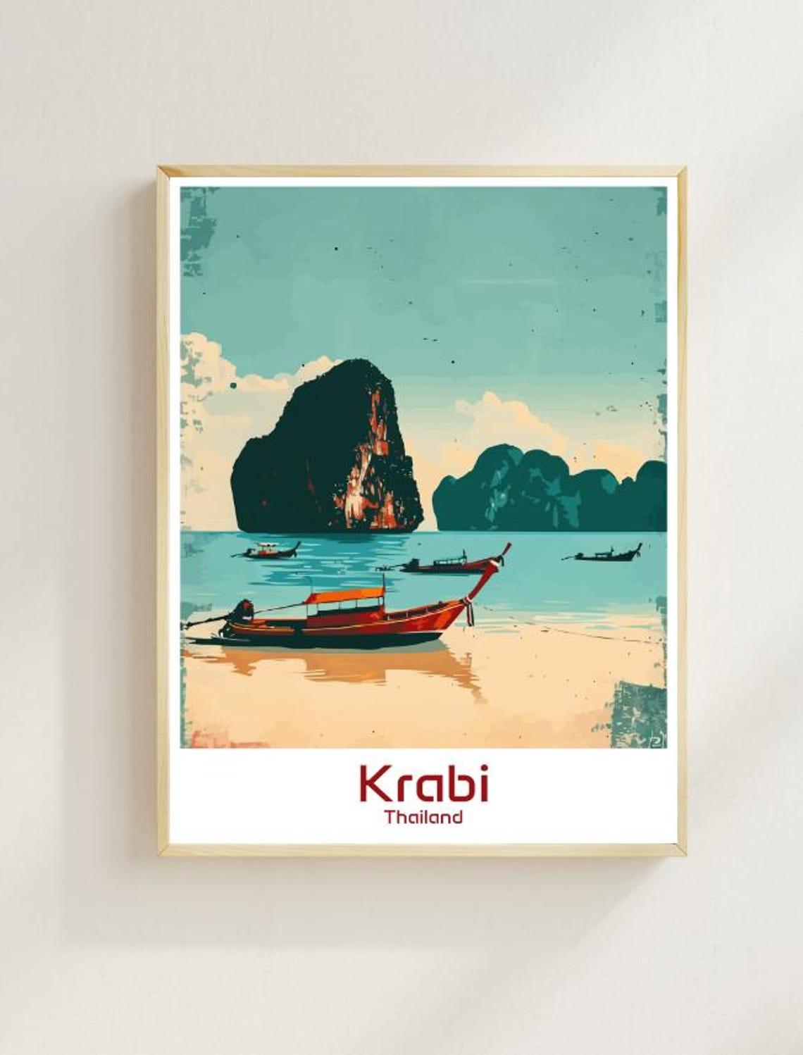 Krabi Thailand Longtail Boats Limestone Cliffs Retro Beach Poster