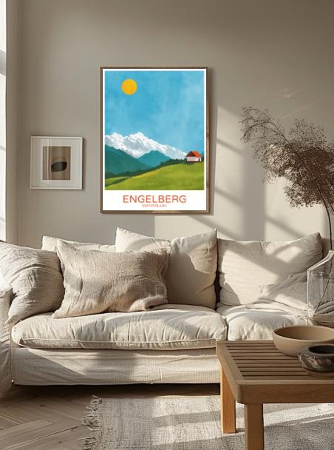 Engelberg Switzerland Alpine Cabin Snowy Peak Sunny Meadow Poster - Image 2