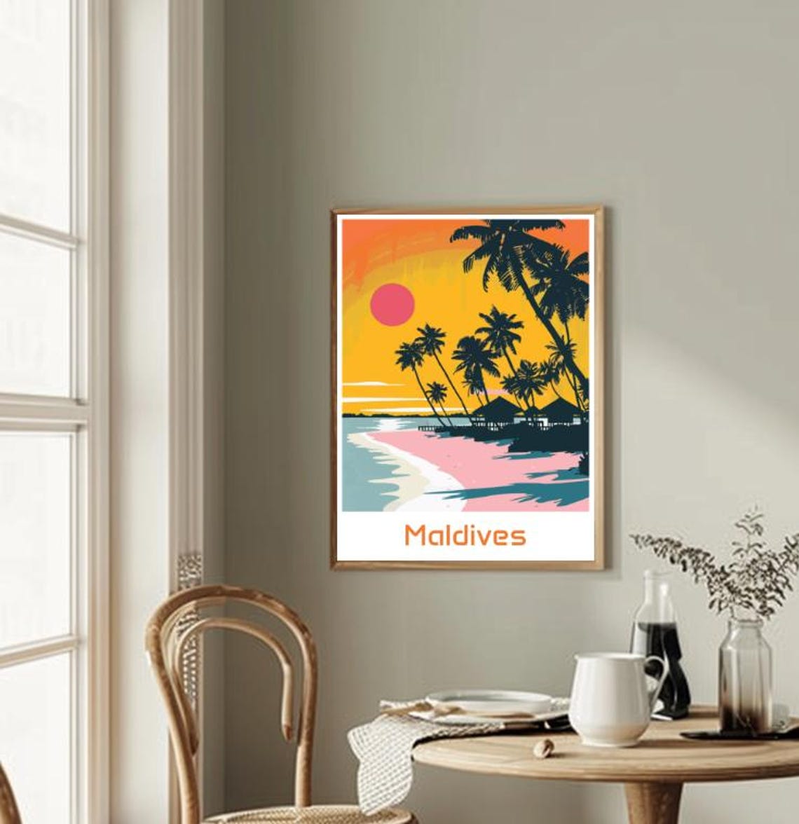 Maldives Sunset Beach Palms Overwater Villas Tropical Travel Poster - Image 2