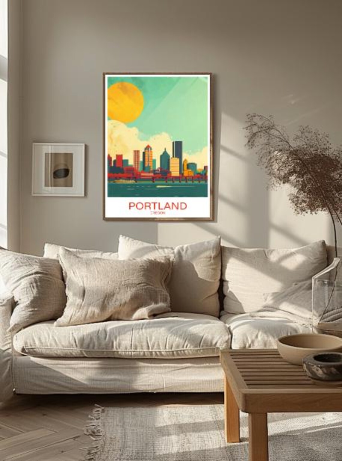 Portland Oregon Skyline Travel Poster With Retro Sun And Bridge Art - Image 2