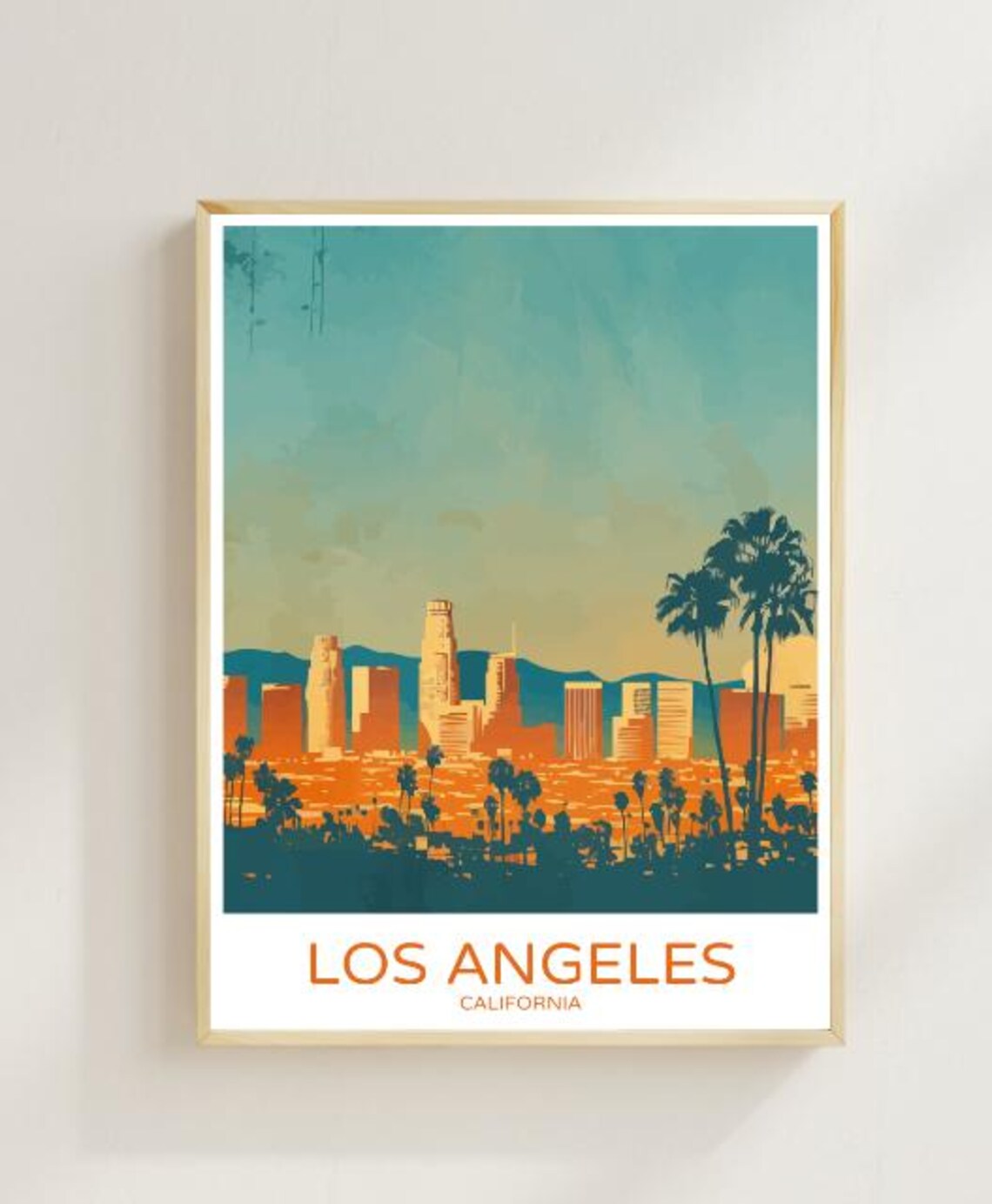 Los Angeles California Skyline Travel Poster With Palm Sunset Glow