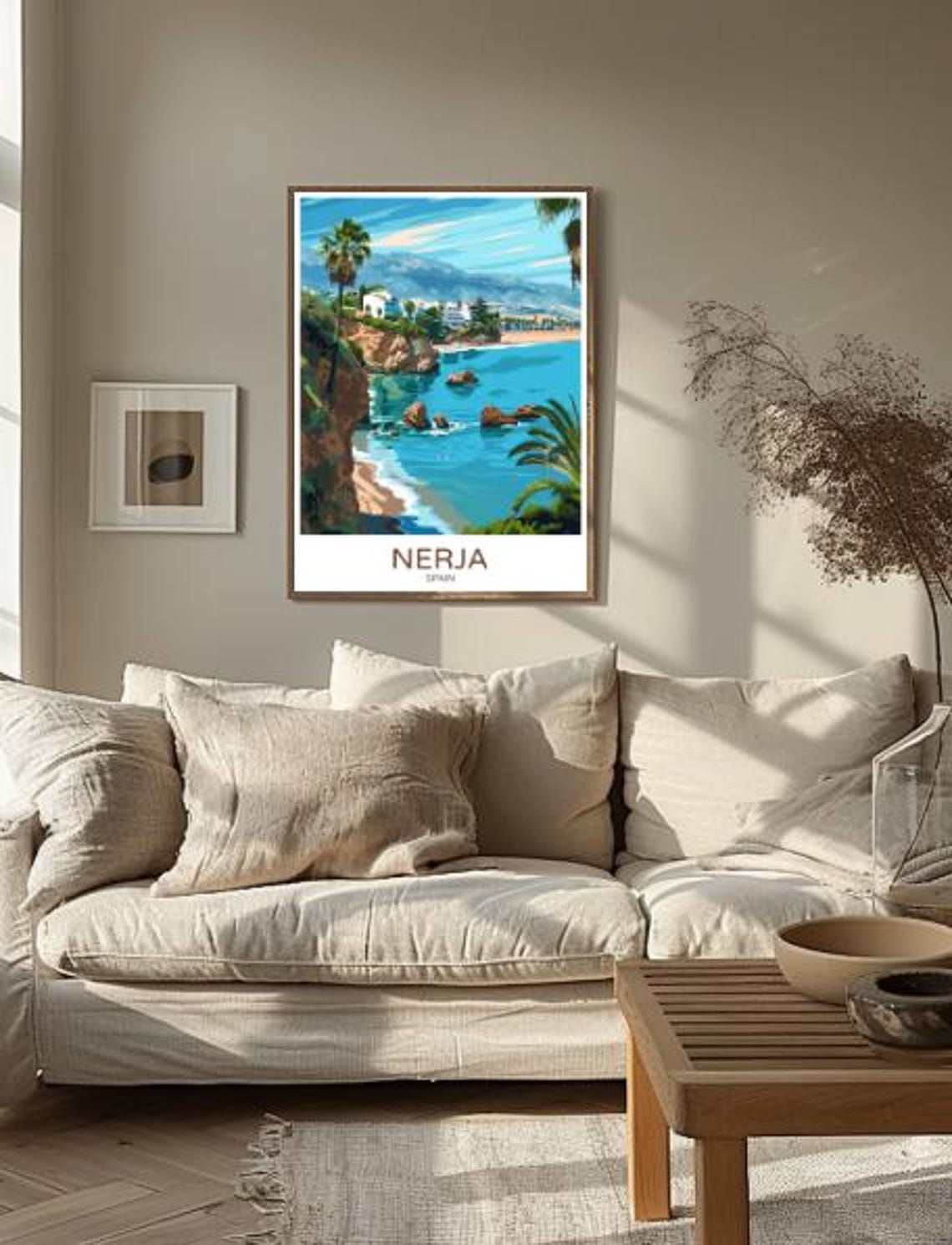 Nerja Spain Travel Poster Turquoise Cove Cliffs Palm Beach View Decor - Image 2