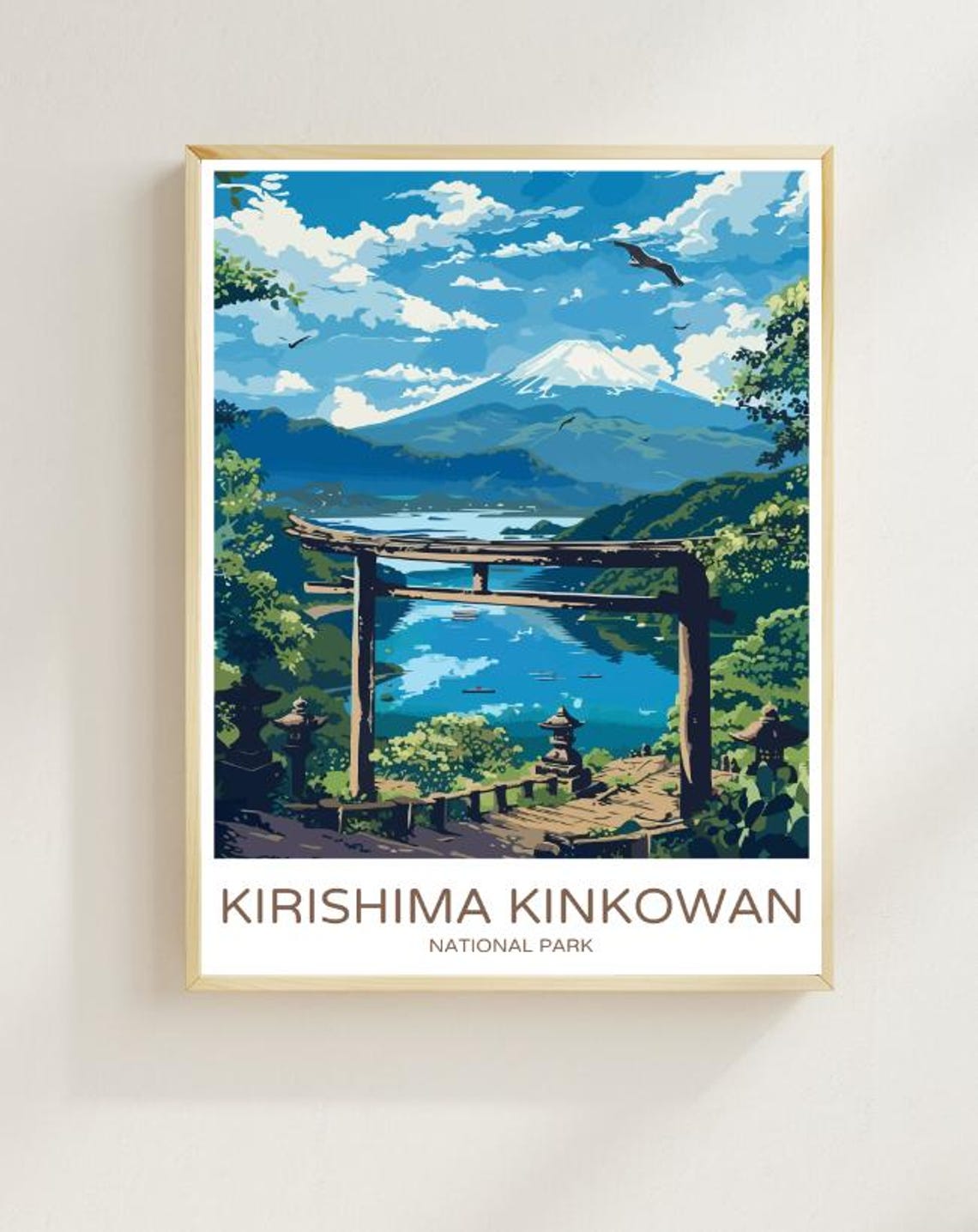 Kirishima Kinkowan Japan Volcano Torii Gate Lake Travel Poster