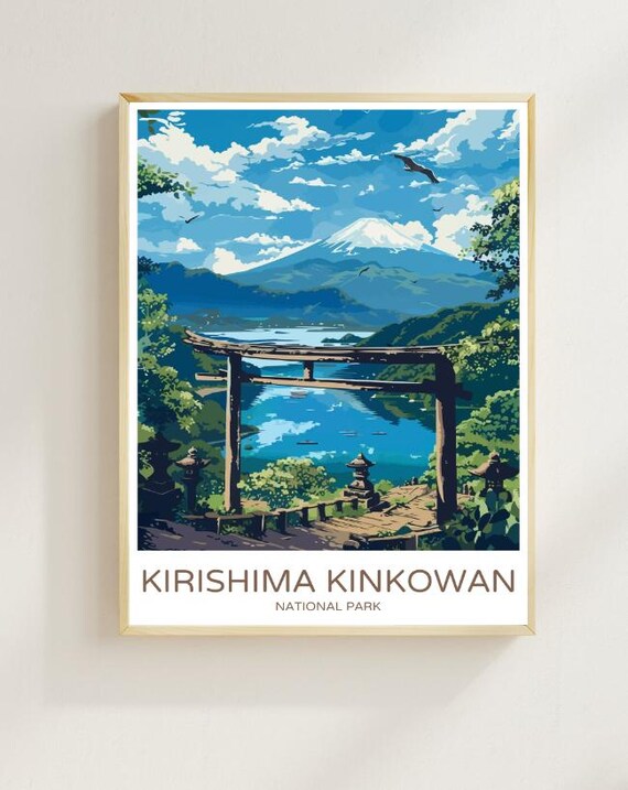 Kirishima Kinkowan Japan Volcano Torii Gate Lake Travel Poster