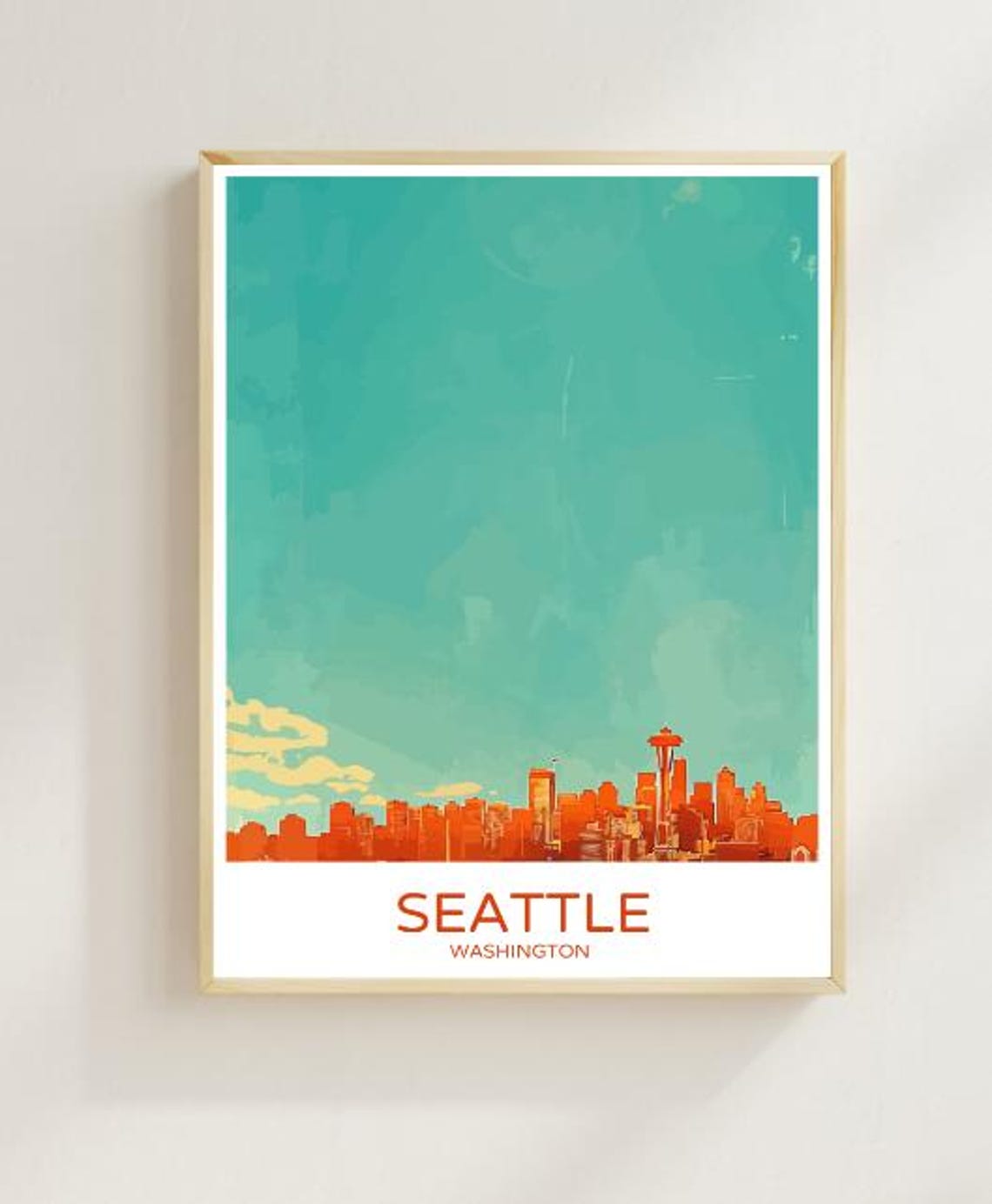 Seattle Washington Travel Poster Space Needle Skyline Teal Sky Art