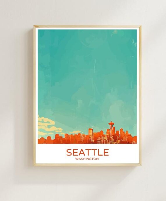 Seattle Washington Travel Poster Space Needle Skyline Teal Sky Art