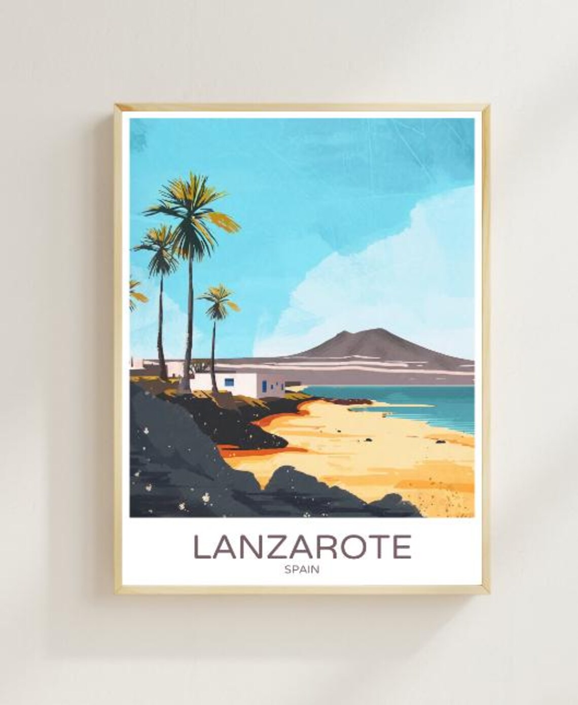 Lanzarote Spain Volcanic Beach Palm Trees Vintage Travel Poster