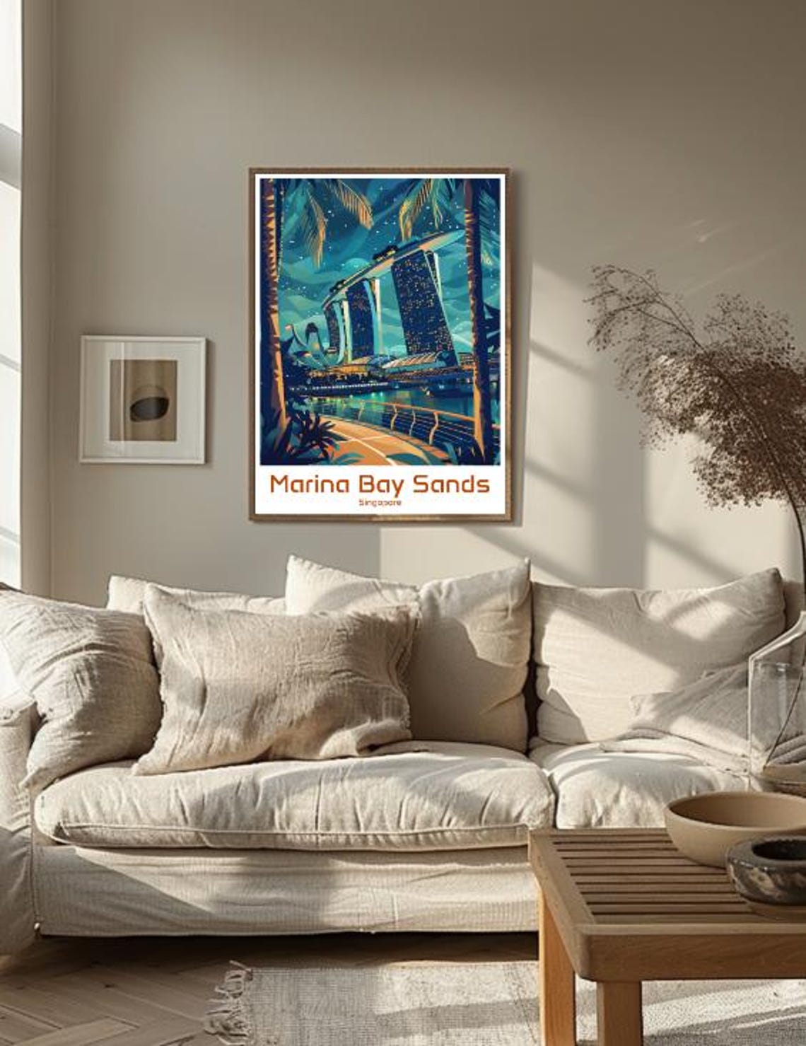 Marina Bay Sands Singapore Skyline Night Scene with Palm Trees Poster - Image 3