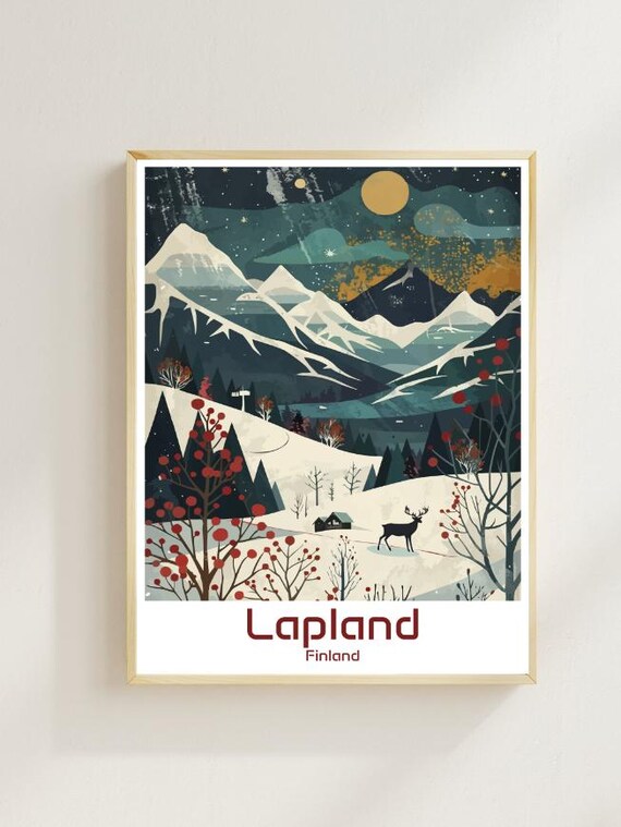 Lapland Finland Snowy Mountains with Reindeer under a Starry Night Poster