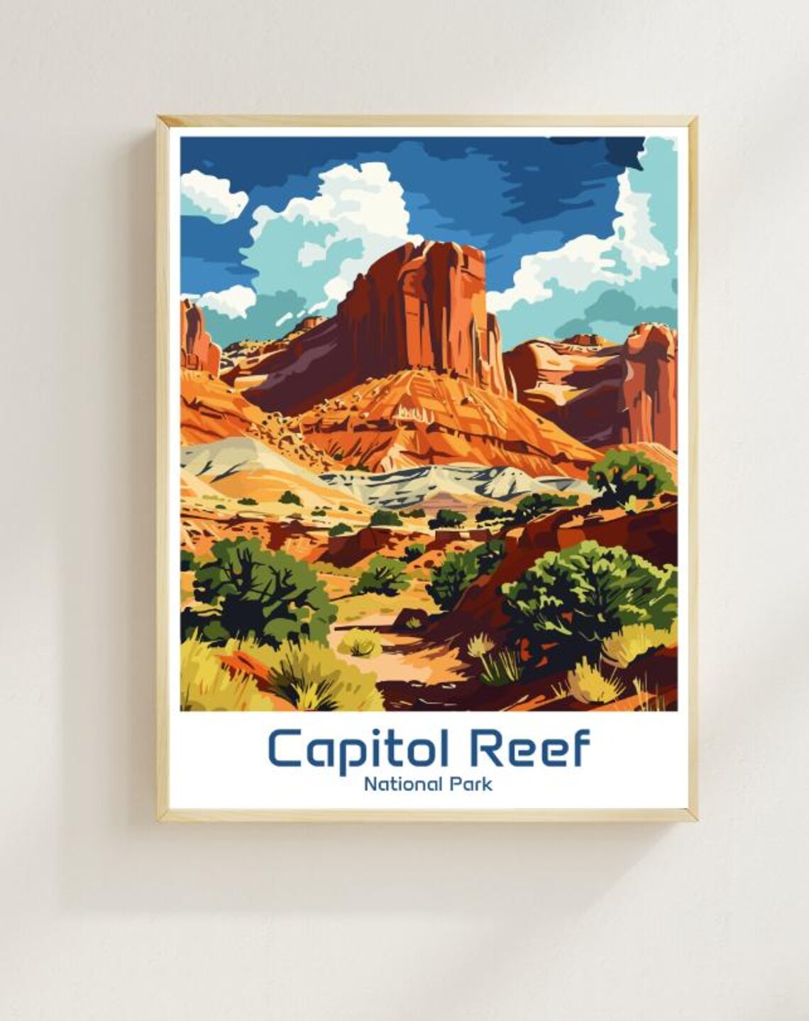 Capitol Reef National Park Travel Poster Red Rock Desert Cliffs Scene Art