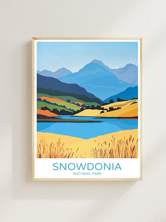 Snowdonia National Park Wales Mountain Lake Golden Fields Travel Poster