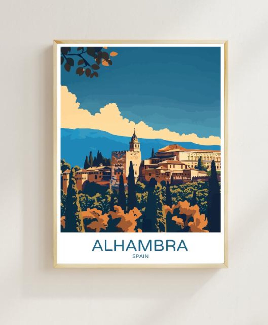 Alhambra Spain Travel Poster Moorish Palace Above Cypress Gardens