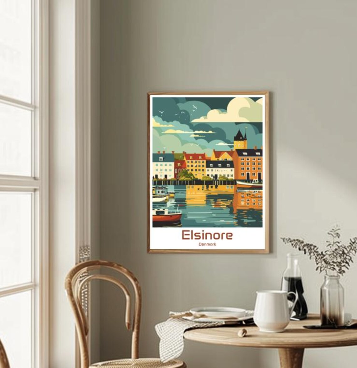 Elsinore Denmark Harbor Colorful Waterfront Houses Illustration Poster - Image 2