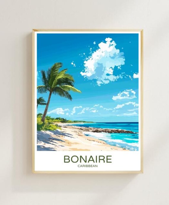 Bonaire Caribbean Travel Poster Palm Fringed Beach Tropical Shoreline