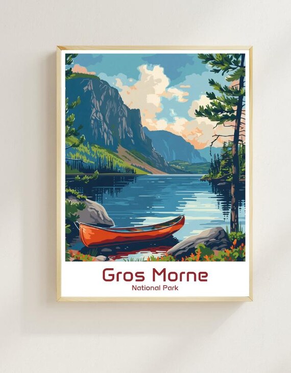 Gros Morne National Park Travel Poster Red Canoe Fjord Lake Vintage Art