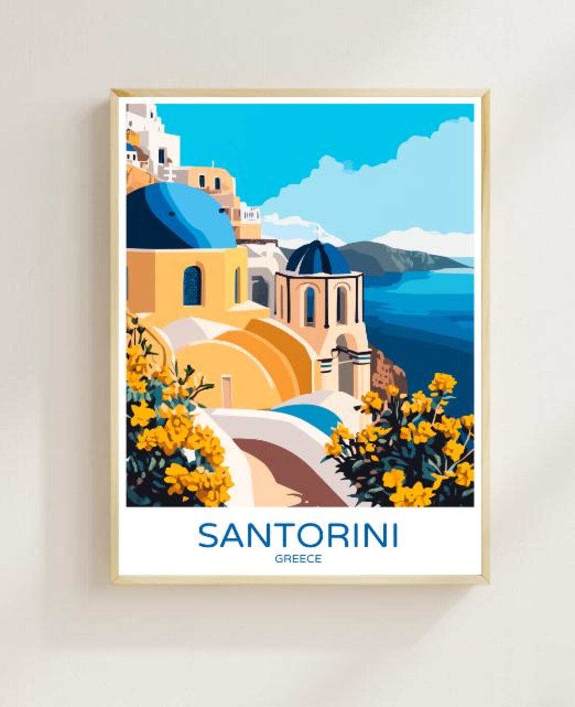 Santorini Greece Blue Domes Yellow Flowers Caldera View Travel Poster