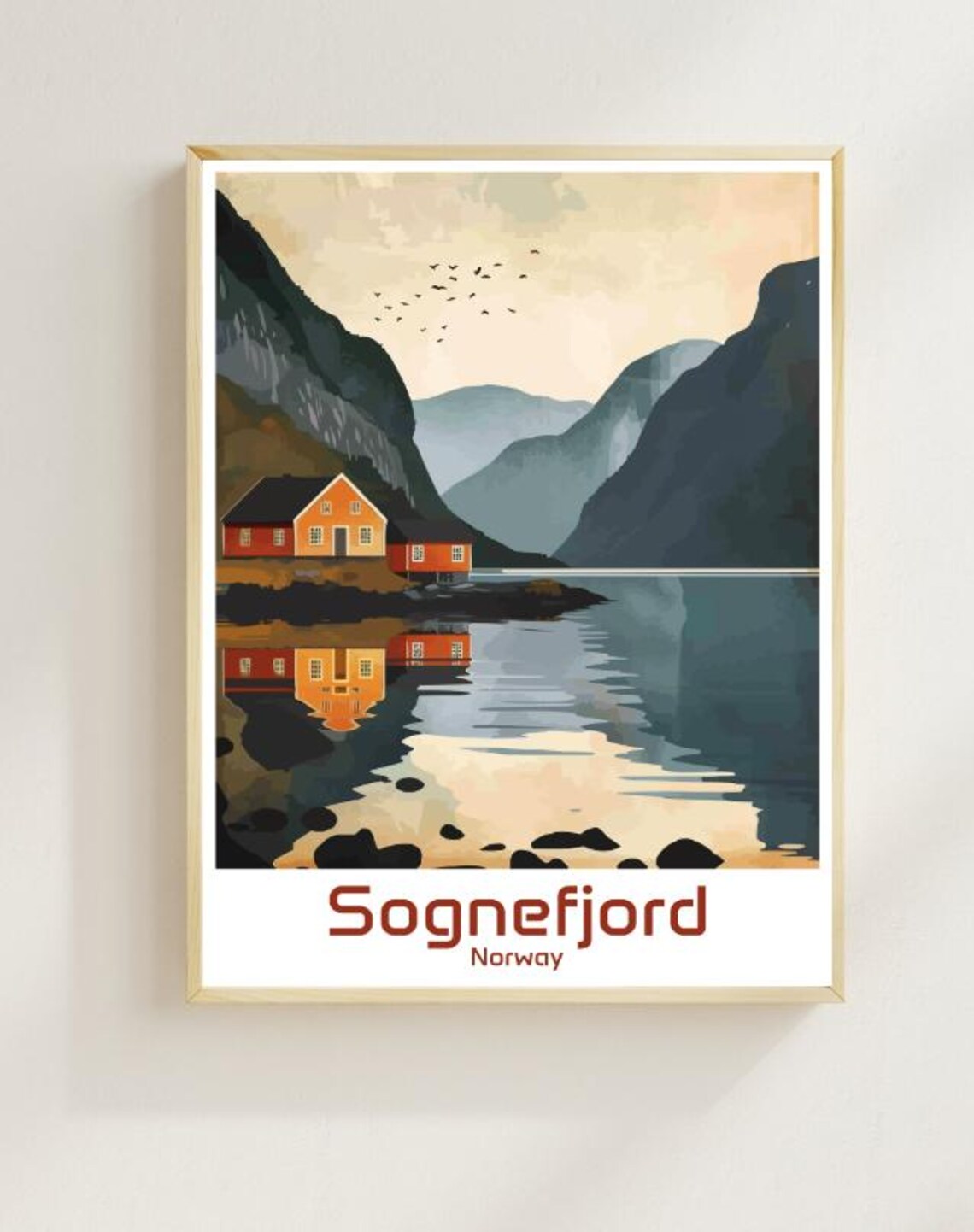 Sognefjord Norway Red Cabins on Fjord Reflection Travel Poster