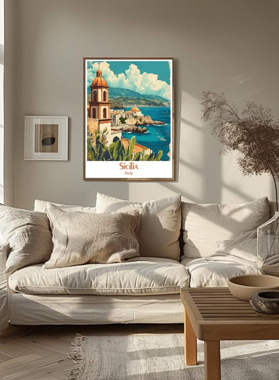 Sicilia Italian Coastal Bell Tower Cactus Seaside Town Poster - Image 3
