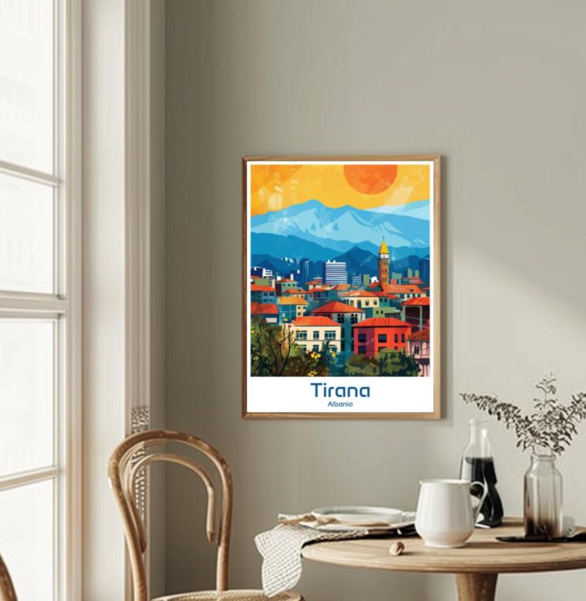 Tirana Albania Cityscape Clock Tower Sunset Vintage Travel Poster - Image 2