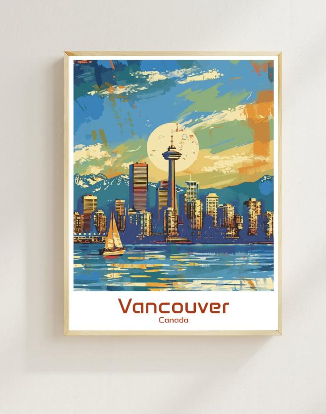 Vancouver Canada Skyline Poster Harbour Sailboat Mountains Sunset Art