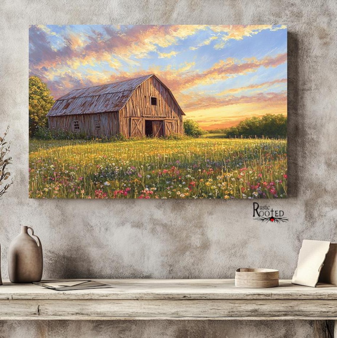 Rustic Country Barn and Wildflowers Art Print