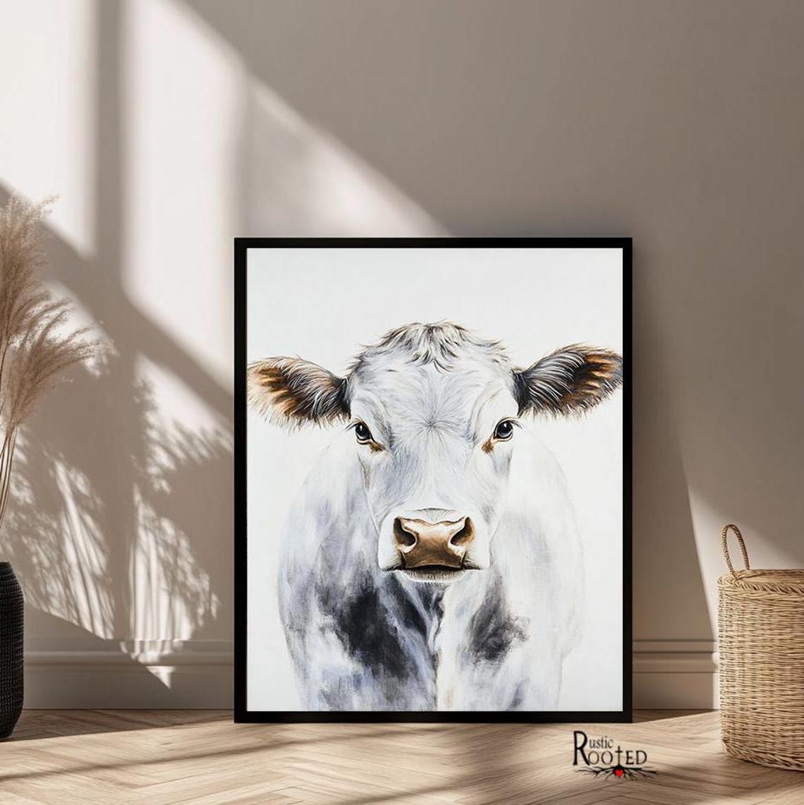 Front-Facing White Cow Portrait on White Minimalist Farm Poster